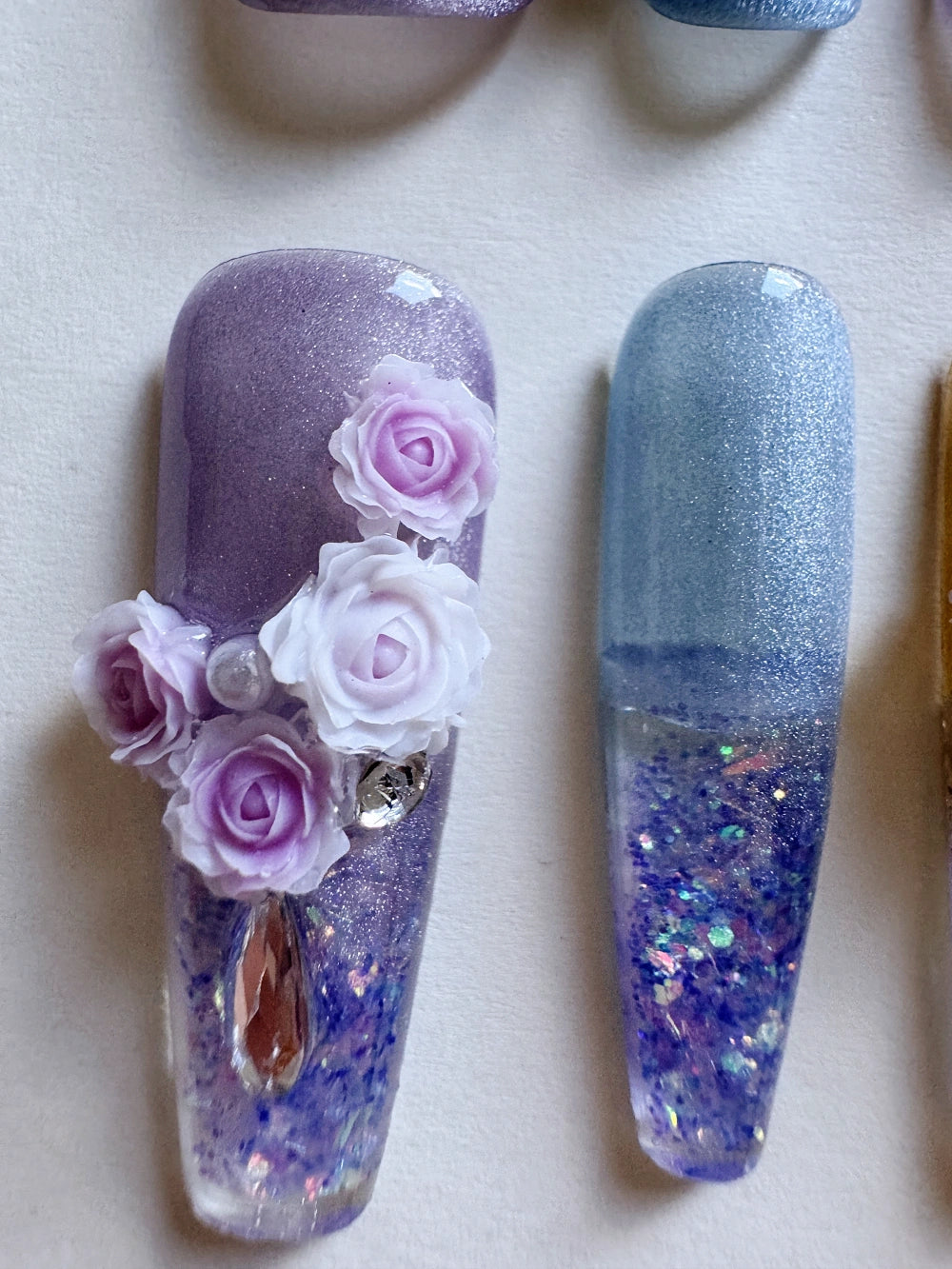 Hand Drawn Elaborate Cool Purple Glittering Cat Eye Flowing Sand Nail Art