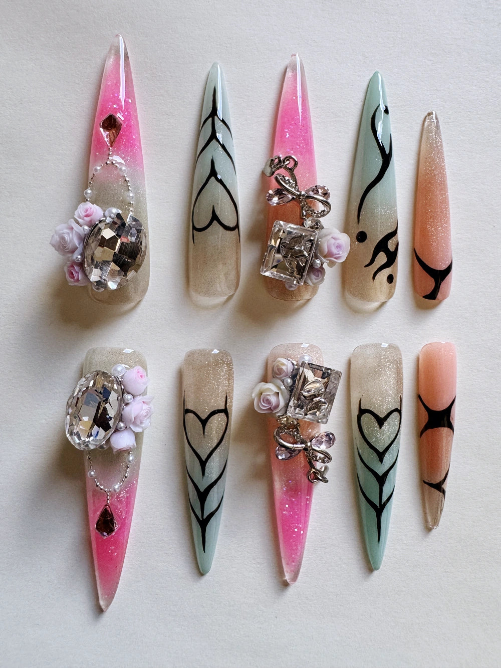 Summer Darling Hand Drawn Cat Eye Gradient Glittering Flowing Sand Nail Art