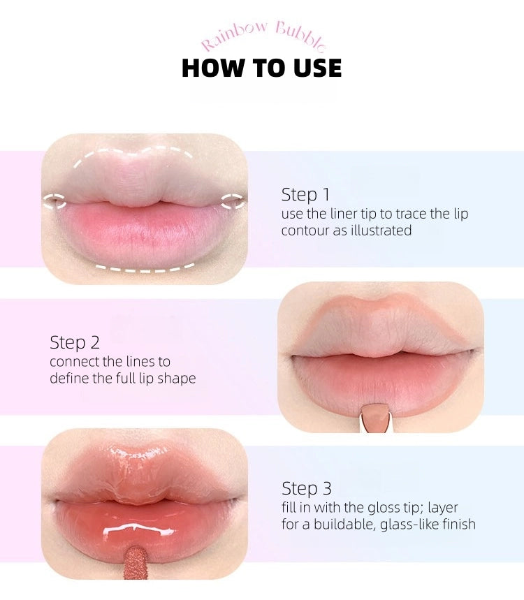 Flortte - Rainbow Bubble Double-Ended Lip Liner n Lip Gloss Pencil 2.8g